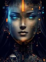 Beautiful woman face made of matrix style computer code integrated into a circuit Board, Generative AI Illustration. photo