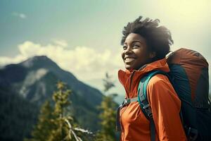 African woman hiking. Generate Ai photo