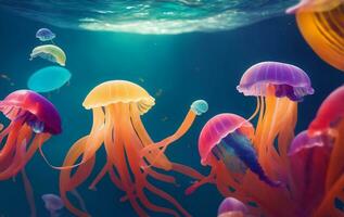 Colorful jellyfish under the sea, Generative AI Illustration. photo