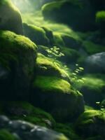Green moss in forest, Generative AI Illustration. photo