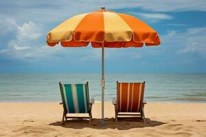 Colorful Beach chairs umbrella. Generate Ai photo