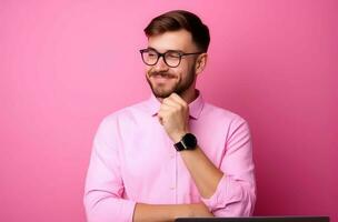 Man flirting on pink background. Generate Ai photo