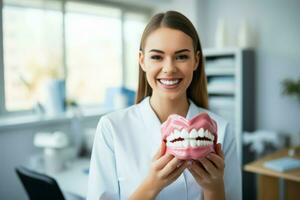 Female dentist wtih big tooth model. Generate Ai photo