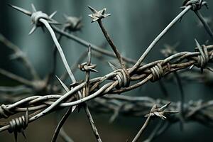 Dangerous Barbed wire field closeup. Generate Ai photo