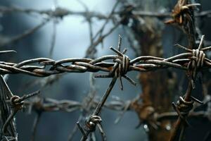 Entangled Barbed wire field closeup. Generate Ai photo