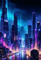 ciber futuro paisaje urbano a noche, generativo ai ilustración. foto