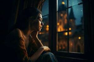 Girl castle window. Generate Ai photo