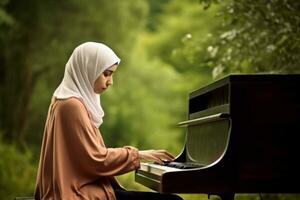 Muslim woman piano. Generate Ai photo