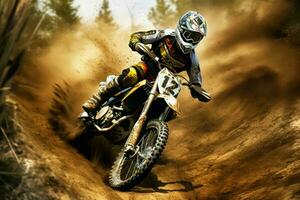 Motocross crossing dirty road. Generate Ai photo