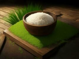 Fresh rice in a bowl on wooden floor, Generative AI Illustration. photo