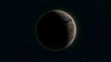 abstrakt realistisch Raum Planet runden Kugel mit ein Stein Linderung Oberfläche im Raum gegen das Hintergrund von Sterne, Video 4k, 60 fps