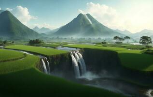 Rice field with mountain and waterfall in Thailand, Generative AI Illustration. photo