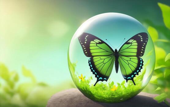Globe Glass with green butterfly, Generative AI Illustration. photo