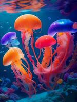 Colorful jellyfish under the sea, Generative AI Illustration. photo