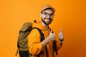 hombre sonriente mochila libro. generar ai foto