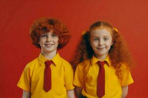 cabello rojo linda Niños de escuela. generar ai foto