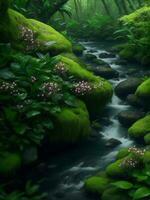 A river in forest with many plants, Generative AI Illustration. photo