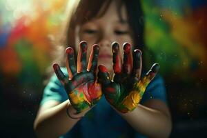 Kids hands painting. Generate Ai photo