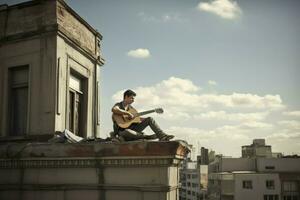 hombre guitarra edificio. generar ai foto