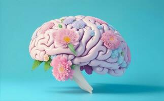 Human brain with blooming flowers, Generative AI Illustration. photo