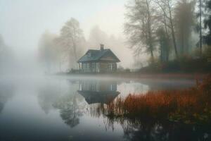 House foggy lake. Generate Ai photo