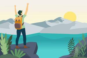 Man with backpack, traveler or explorer standing on top of mountain or cliff and looking on valley. Concept of discovery, exploration, hiking, adventure tourism and travel. Flat vector illustration.