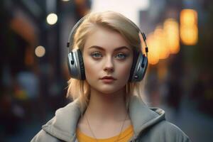 Girl american listen music. Generate Ai photo