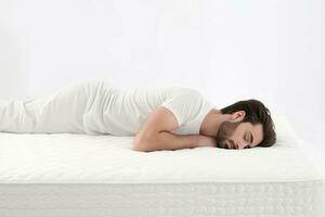 Man sleeping soft mattress spine. Generate AI photo