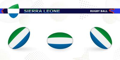 Rugby ball set with the flag of Sierra Leone in various angles on abstract background. vector