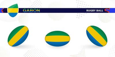 Rugby ball set with the flag of Gabon in various angles on abstract background. vector