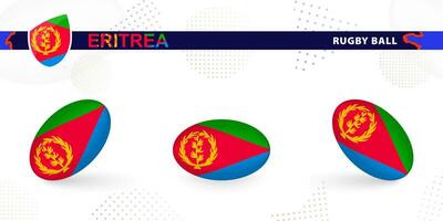 Rugby ball set with the flag of Eritrea in various angles on abstract background. vector