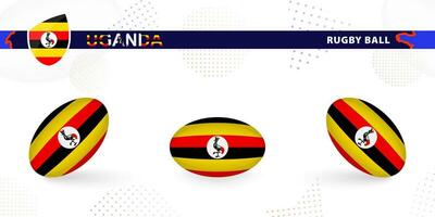 Rugby ball set with the flag of Uganda in various angles on abstract background. vector