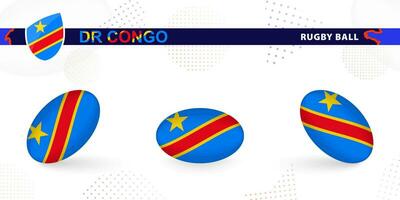 Rugby ball set with the flag of DR Congo in various angles on abstract background. vector