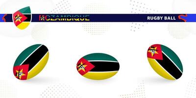 Rugby ball set with the flag of Mozambique in various angles on abstract background. vector
