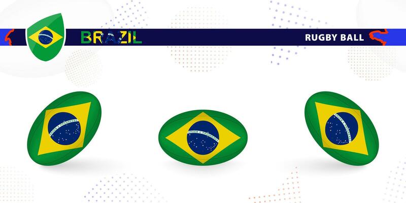 Rugby ball set with the flag of Brazil in various angles on abstract background.