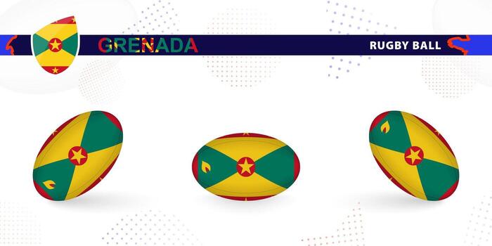 Rugby ball set with the flag of Grenada in various angles on abstract background. vector