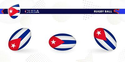 Rugby ball set with the flag of Cuba in various angles on abstract background. vector