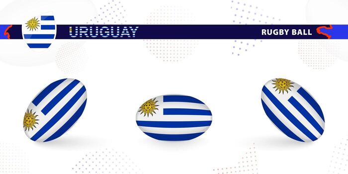 Rugby ball set with the flag of Uruguay in various angles on abstract background. vector
