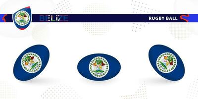 Rugby ball set with the flag of Belize in various angles on abstract background. vector