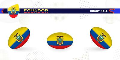 Rugby ball set with the flag of Ecuador in various angles on abstract background. vector