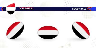 Rugby ball set with the flag of Yemen in various angles on abstract background. vector