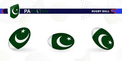 Rugby ball set with the flag of Pakistan in various angles on abstract background. vector