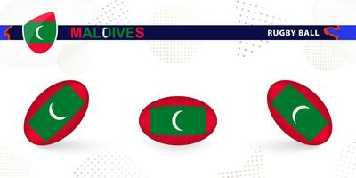 Rugby ball set with the flag of Maldives in various angles on abstract background. vector