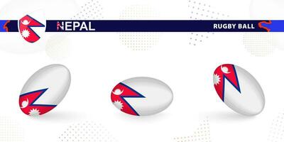 Rugby ball set with the flag of Nepal in various angles on abstract background. vector