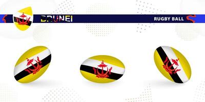 Rugby ball set with the flag of Brunei in various angles on abstract background. vector