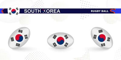 Rugby ball set with the flag of South Korea in various angles on abstract background. vector