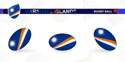 Rugby ball set with the flag of Marshall Islands in various angles on abstract background. vector