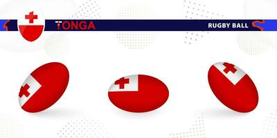 Rugby ball set with the flag of Tonga in various angles on abstract background. vector