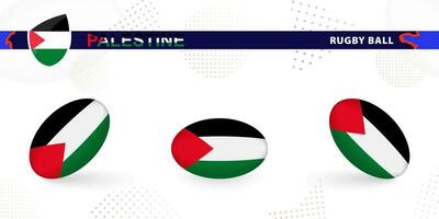 Rugby ball set with the flag of Palestine in various angles on abstract background. vector