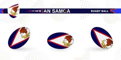 Rugby ball set with the flag of American Samoa in various angles on abstract background. vector